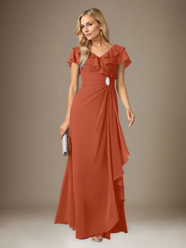 Vestido tormentoso de gasa con escote en V y fruncido en línea A