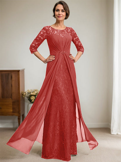 A-Linie U-Ausschnitt Illusion Bodenlang Spitzen Chiffon Mutter der Braut Kleid mit Perlenbesatz Rüschen 