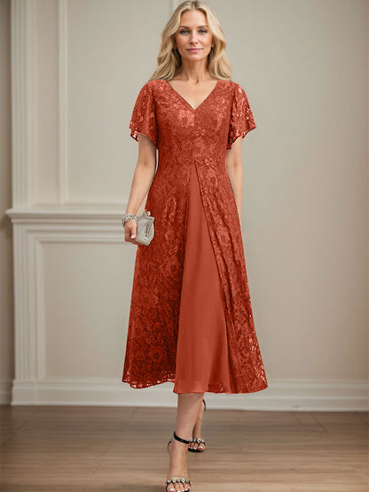 A-Linie V-Ausschnitt Wadenlanges Chiffon-Kleid für die Brautmutter 