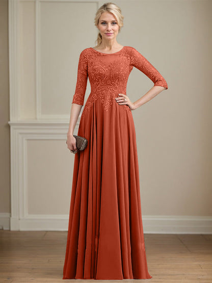 A-Linie, U-Ausschnitt, Illusion, bodenlanges Spitzen-Chiffon-Kleid für die Brautmutter mit Pailletten 