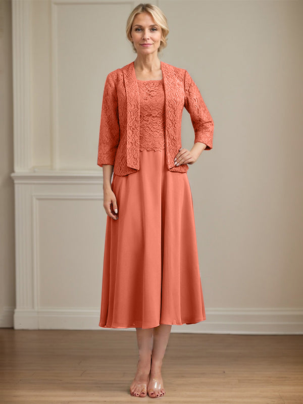 A-Linie U-Ausschnitt Wadenlang Chiffon-Kleid für die Brautmutter 