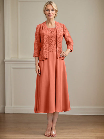 A-Linie U-Ausschnitt Wadenlang Chiffon-Kleid für die Brautmutter 