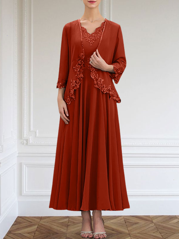 Robe de mère de la mariée en mousseline, ligne A, col en V, longueur cheville, ornée de paillettes, appliques en dentelle et perles