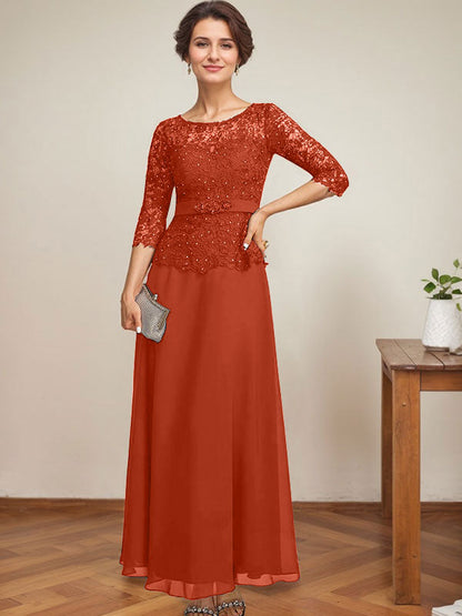 A-Linie, U-Ausschnitt, Illusion, knöchellang, Chiffon, Spitze, Kleid für die Brautmutter mit Strass-Perlen 
