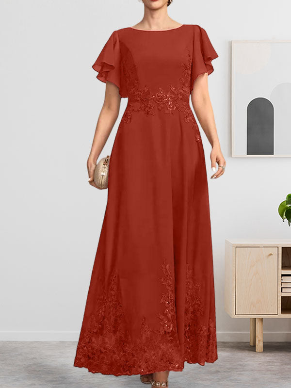 Robe de mère de la mariée en mousseline de soie à dentelle, longueur cheville, en forme trapèze avec décolleté arrondi et paillettes
