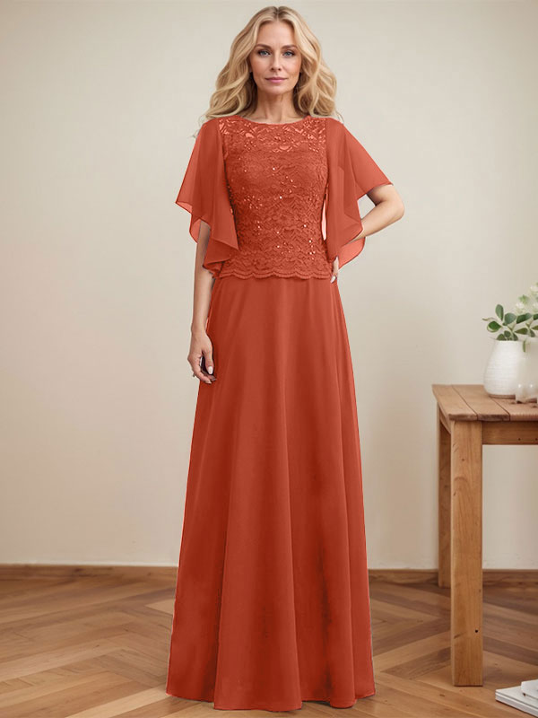 A-Linie, U-Ausschnitt, Illusion, bodenlanges Spitzen-Chiffon-Kleid für die Brautmutter mit Pailletten 