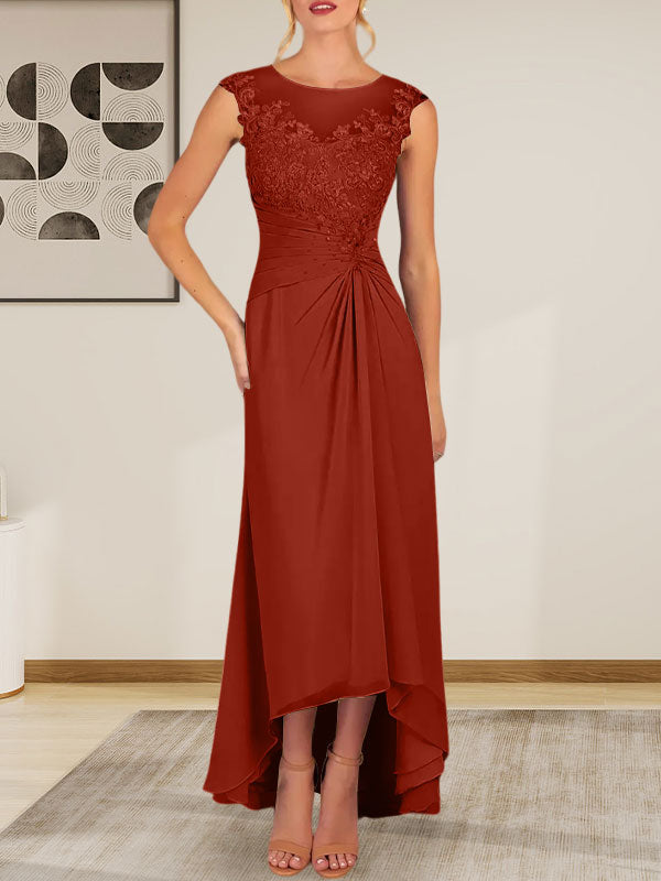 Champagne A-Line Scoop Lace Chiffon Dress