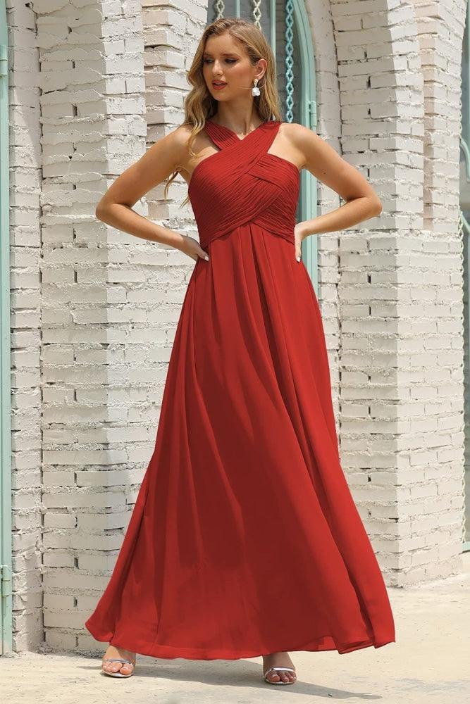 Vestido de Dama de Honra Halter em Chiffon para Mulher, Modelo A-Line, Longo, Formal, para Baile de Finalistas SEA28015
