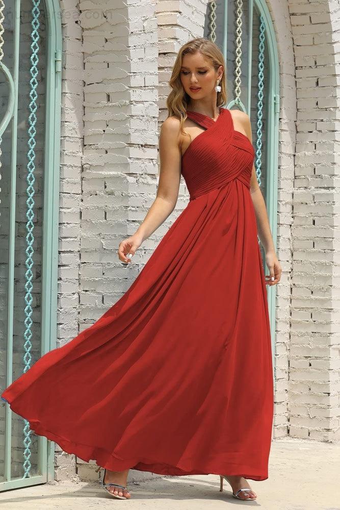 Vestido de Dama de Honra Halter em Chiffon para Mulher, Modelo A-Line, Longo, Formal, para Baile de Finalistas SEA28015
