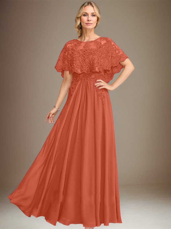 Robe de mère de la mariée en mousseline de soie à dentelle, longueur au sol, en ligne A, col bateau, ornée d'appliques à paillettes