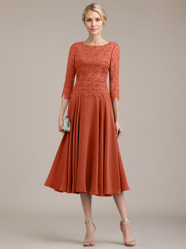 A-Linie U-Ausschnitt Wadenlang Chiffon-Kleid für die Brautmutter 