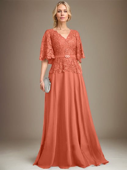A-Linie V-Ausschnitt Bodenlang Chiffon Spitze Mutter der Braut Kleid Mit Kristall Brosche Strass 