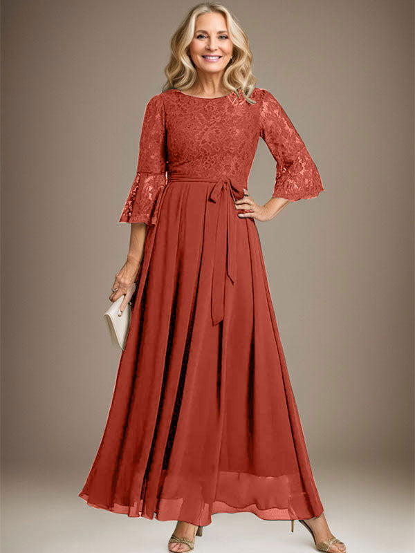 Robe de mère de la mariée en mousseline de soie à dentelle, longueur cheville, en forme trapèze avec encolure dégagée et nœud