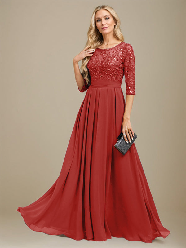 A-Linie U-Ausschnitt Bodenlang Spitzen-Chiffon-Kleid für die Brautmutter mit Paillettenapplikation 