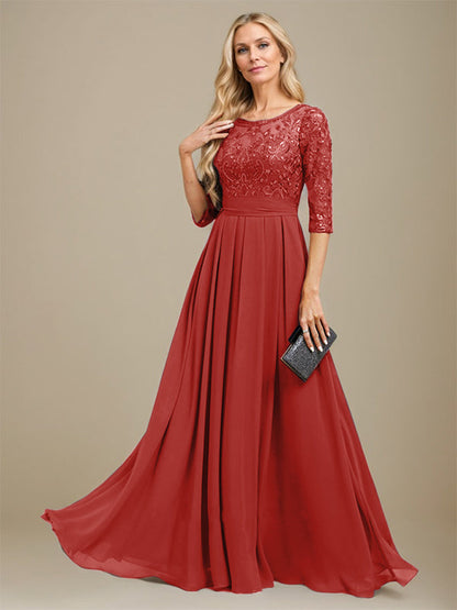 A-Linie U-Ausschnitt Bodenlang Spitzen-Chiffon-Kleid für die Brautmutter mit Paillettenapplikation 