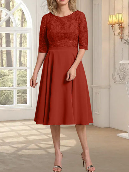 A-Linie U-Ausschnitt Knielang Chiffon Spitzenkleid für die Brautmutter