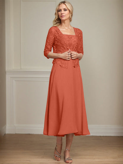 A-Linie Quadratisches Wadenlanges Chiffon-Spitzenkleid für die Brautmutter mit Pailletten und Perlen 