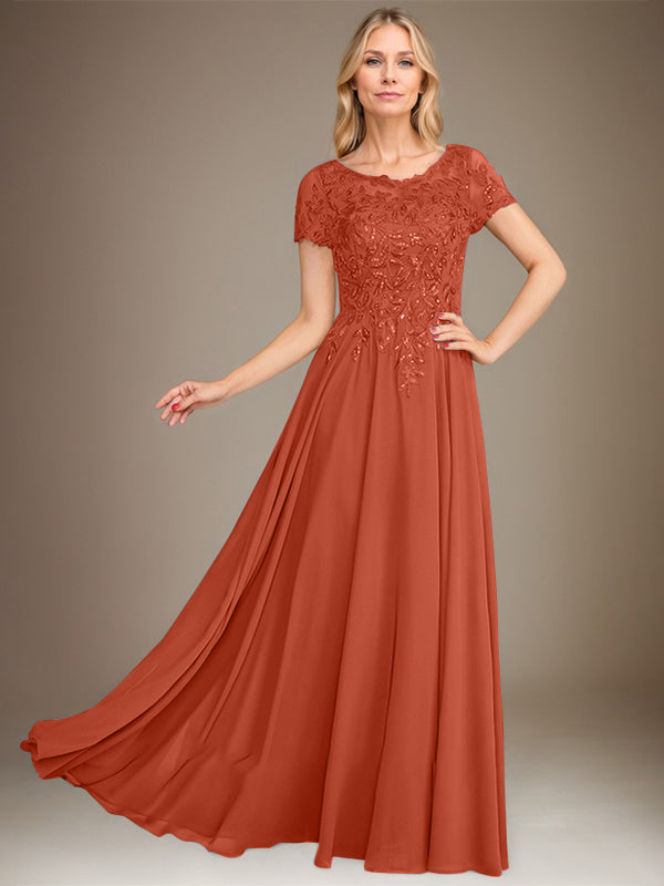 Robe de mère de la mariée en mousseline, longueur au sol, coupe en A, décolleté arrondi, ornée d'appliques et de paillettes