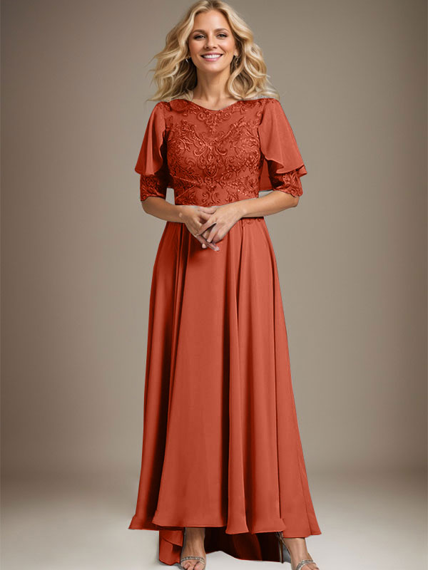 Robe de mère de la mariée en mousseline et dentelle asymétrique à encolure dégagée en ligne A avec perles