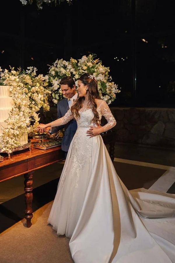 Rustikales Brautkleid aus Spitze mit langen Ärmeln und abnehmbarem Satin