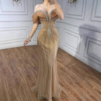 Serene Hill Custom Gold Beaded Mermaid Evening Dress Women Party Gown