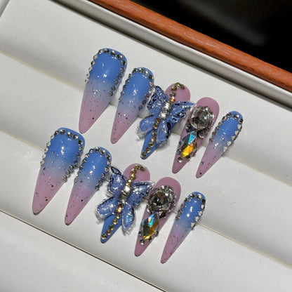 10 uñas postizas retro con lazo, color rosa brillante, largas, de aguja, blancas, estilo francés, hechas a mano, con diseño de flores de primavera. 