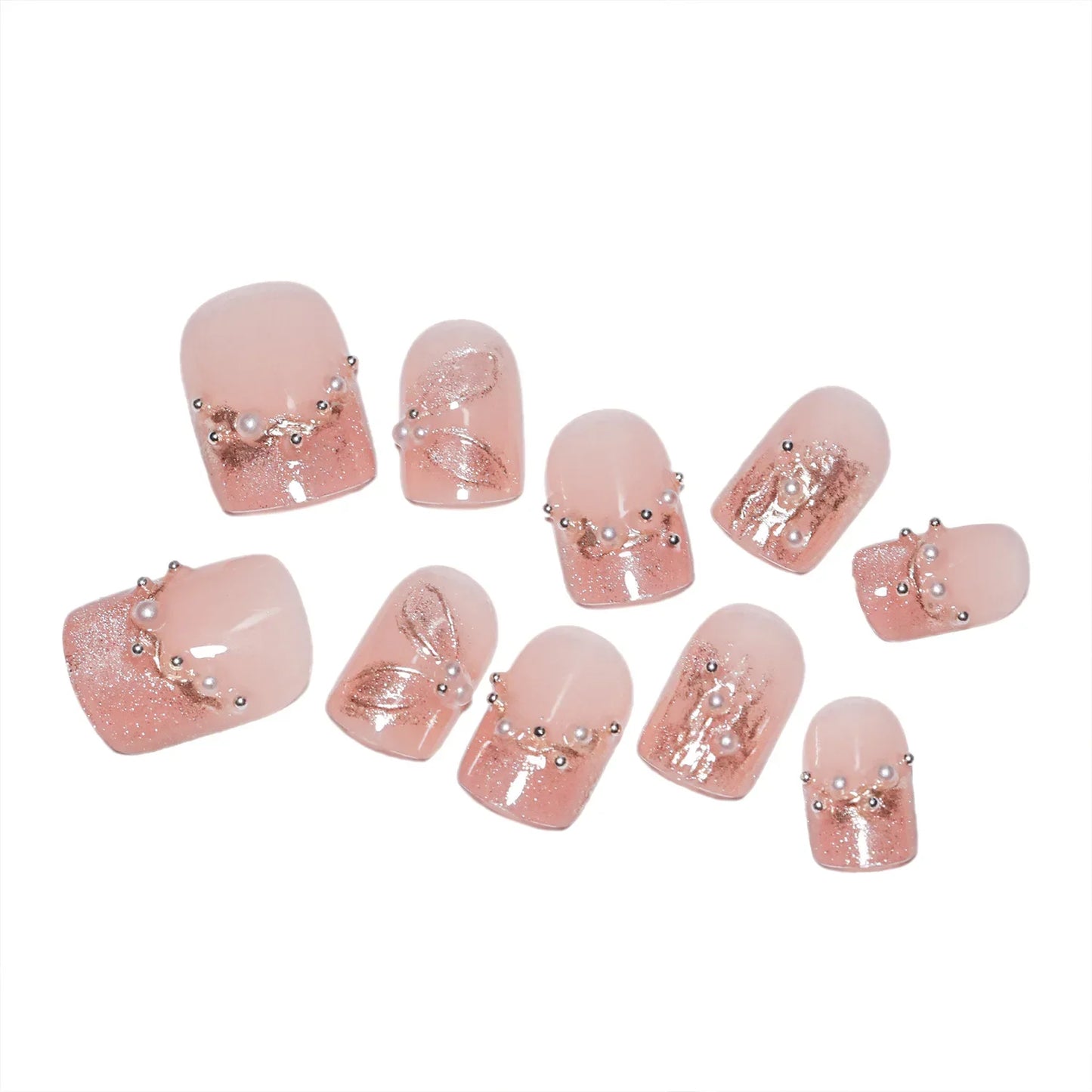 10 uñas postizas cortas y redondas, hechas a mano, estilo francés, color rosa, con diseño de ojo de gato y diamantes de imitación de perla. 