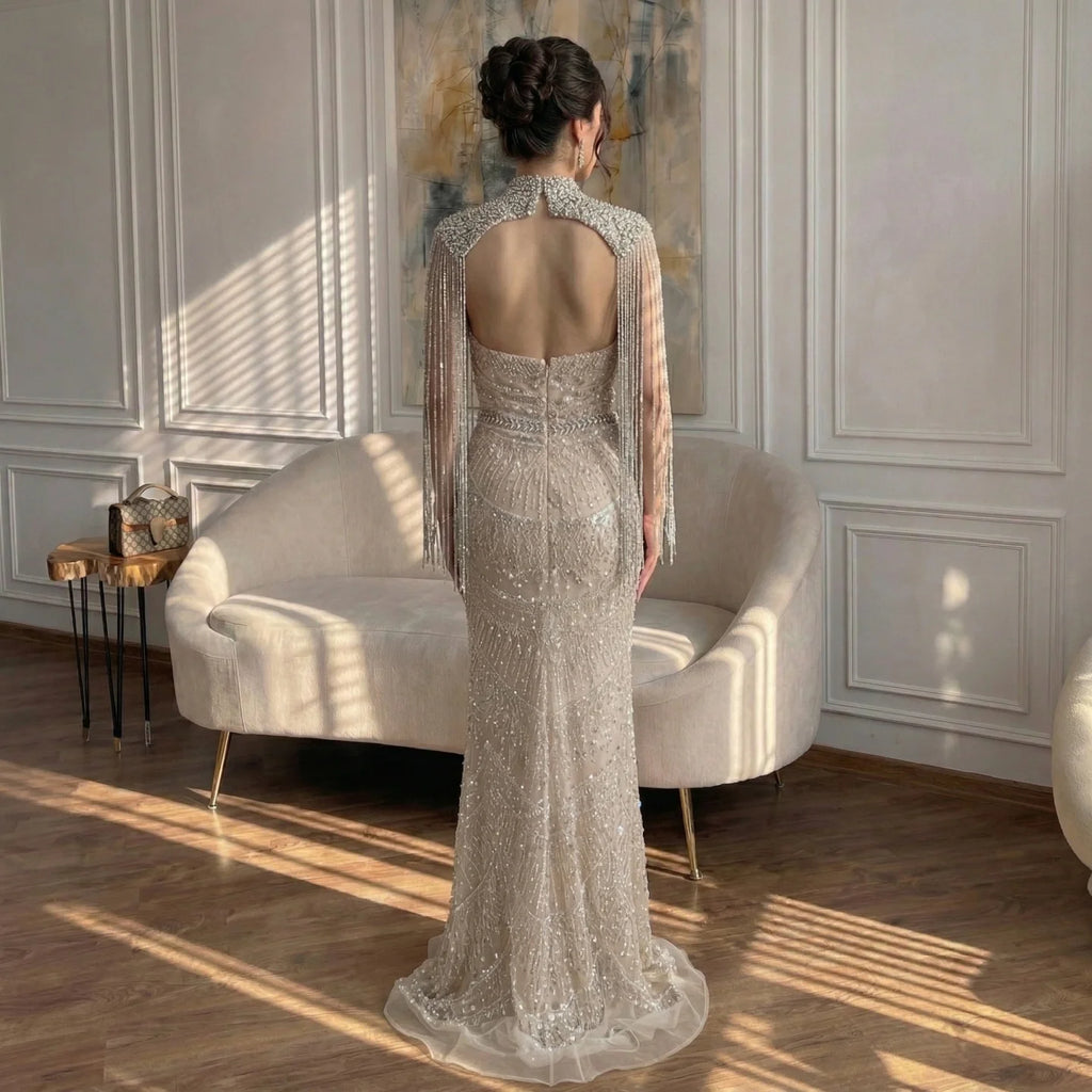 Luxury Beaded Mermaid Evening Gown With Tassel Cape For Women