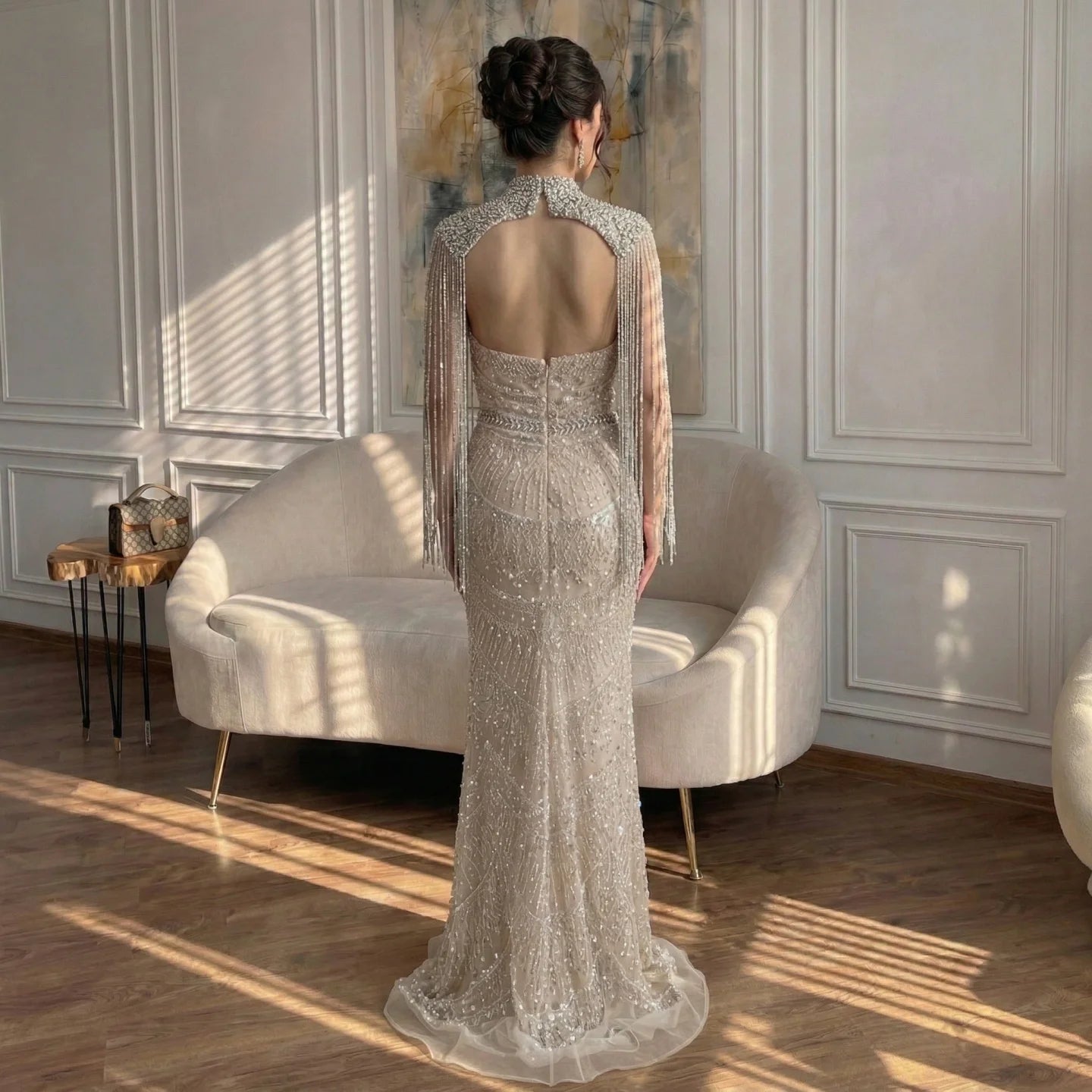 Luxury Beaded Mermaid Evening Gown With Tassel Cape For Women