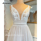 Boho V Neck Lace Appliques Wedding Dress For Women Custom Bridal Gown