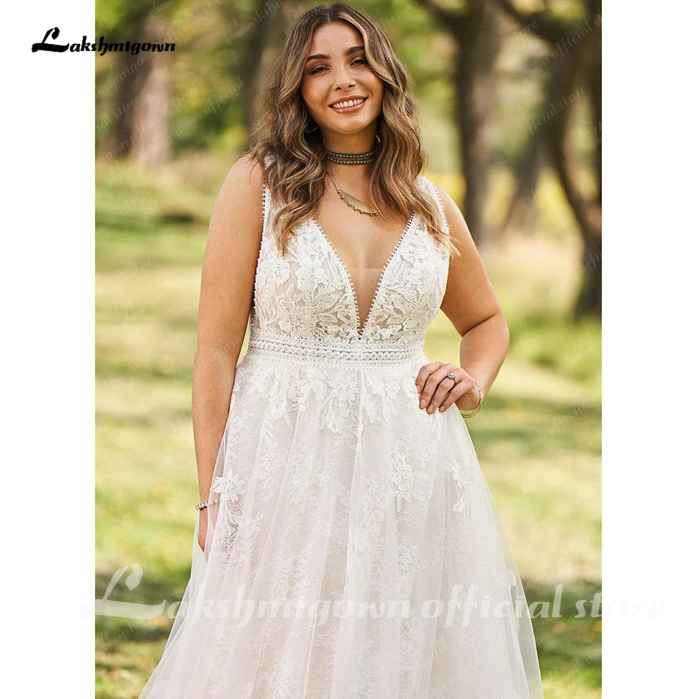 Plus Size Boho Lace A Line V Neck Customized Wedding Dress