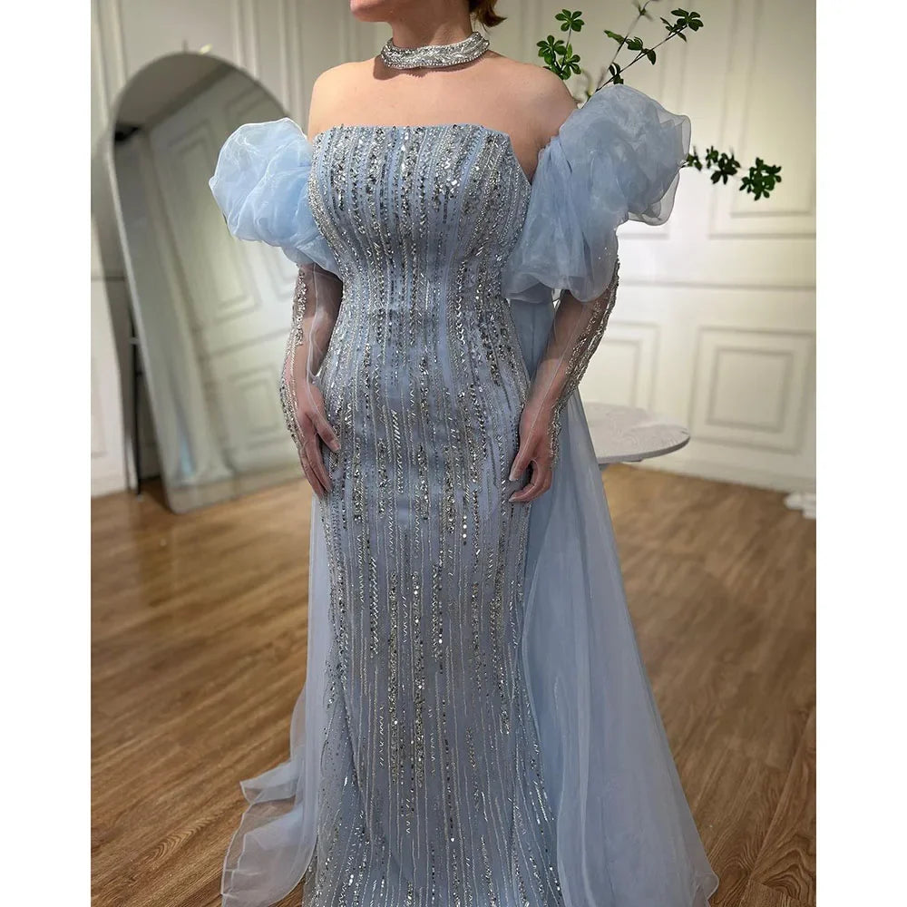 Custom Blue Mermaid Evening Gown Featuring Beaded Puff Sleeves