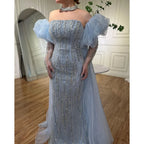 Custom Blue Mermaid Evening Gown Featuring Beaded Puff Sleeves