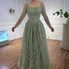 Luxury Sage Green Beaded Evening Dress with Long Sleeves LA72805B