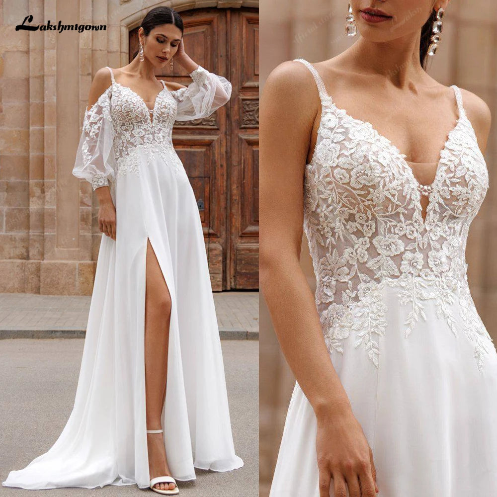 Lakshmigown Boho Off Shoulder Lace Chiffon V Neck Wedding Dress