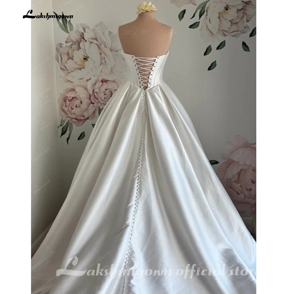 Custom A Line Strapless Satin Wedding Dress Lace Up Back Floor Length Gown