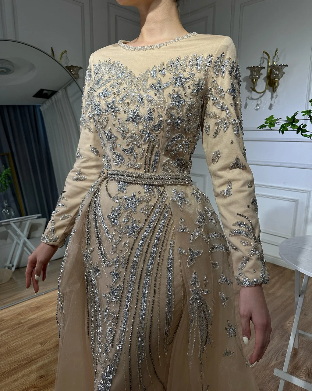 Serene Hill Customized Nude Long Sleeve Mermaid Beaded Muslim Evening Dress