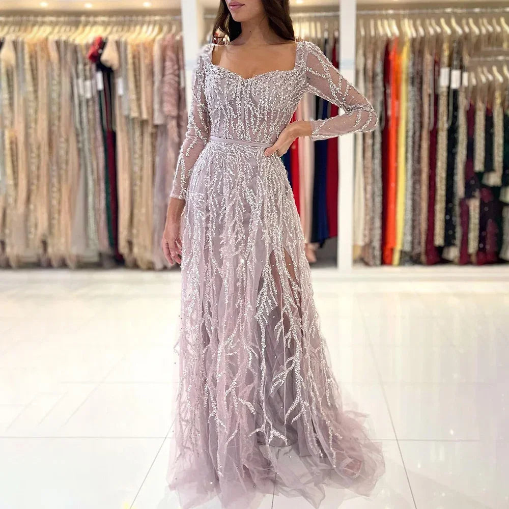 Serene Hill Pink Mermaid Long Sleeve Beaded Two Piece Evening Party Gown