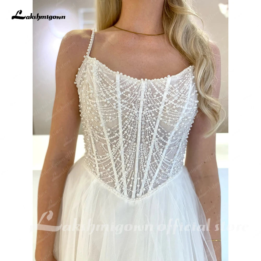 Custom A Line Tulle Wedding Dress With Pearl Beads Spaghetti Strap Scoop Neck