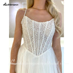 Custom A Line Tulle Wedding Dress With Pearl Beads Spaghetti Strap Scoop Neck