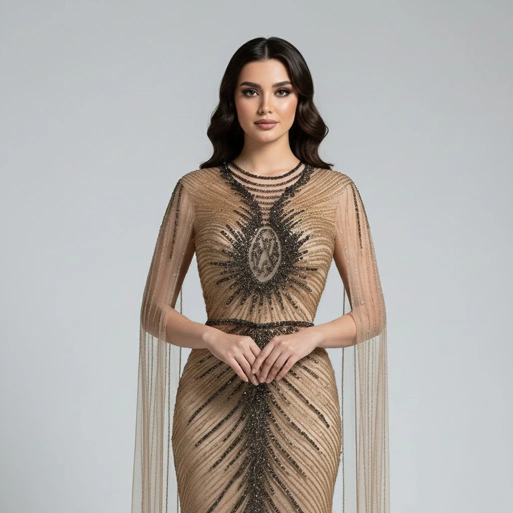 Serene Hill Caramel Beaded Mermaid Evening Gown With Cape Sleeves For Women