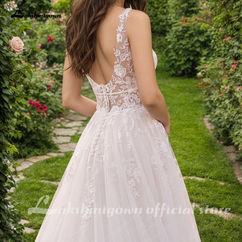 Custom A Line Plunging V Neck Wedding Dress With Tulle Skirt