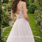 Custom A Line Plunging V Neck Wedding Dress With Tulle Skirt