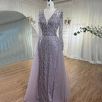 Serene Hill Lilac V-Neck Long Sleeves Mermaid Beaded Evening Dress Detachable Overskirt Party Gown for Women DLA70341
