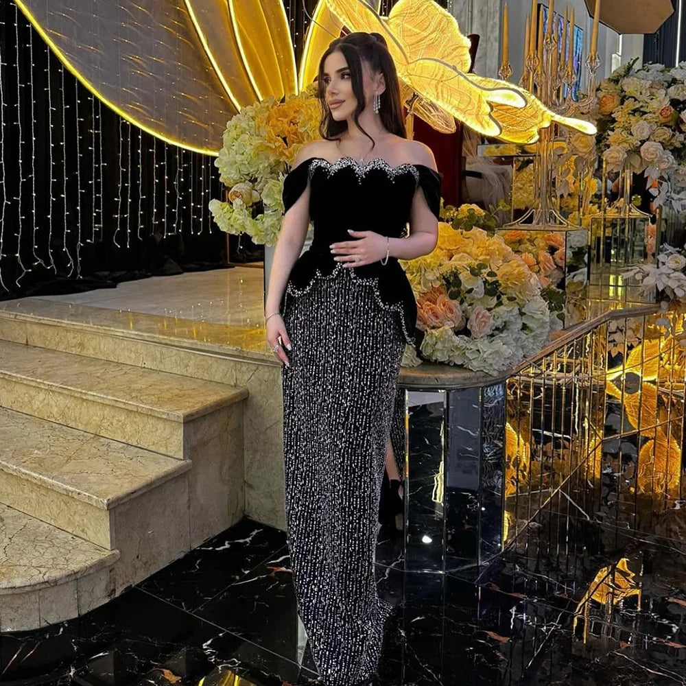 Serene Hill Black Off Shoulder Mermaid Beaded Evening Gown Custom Party Dress