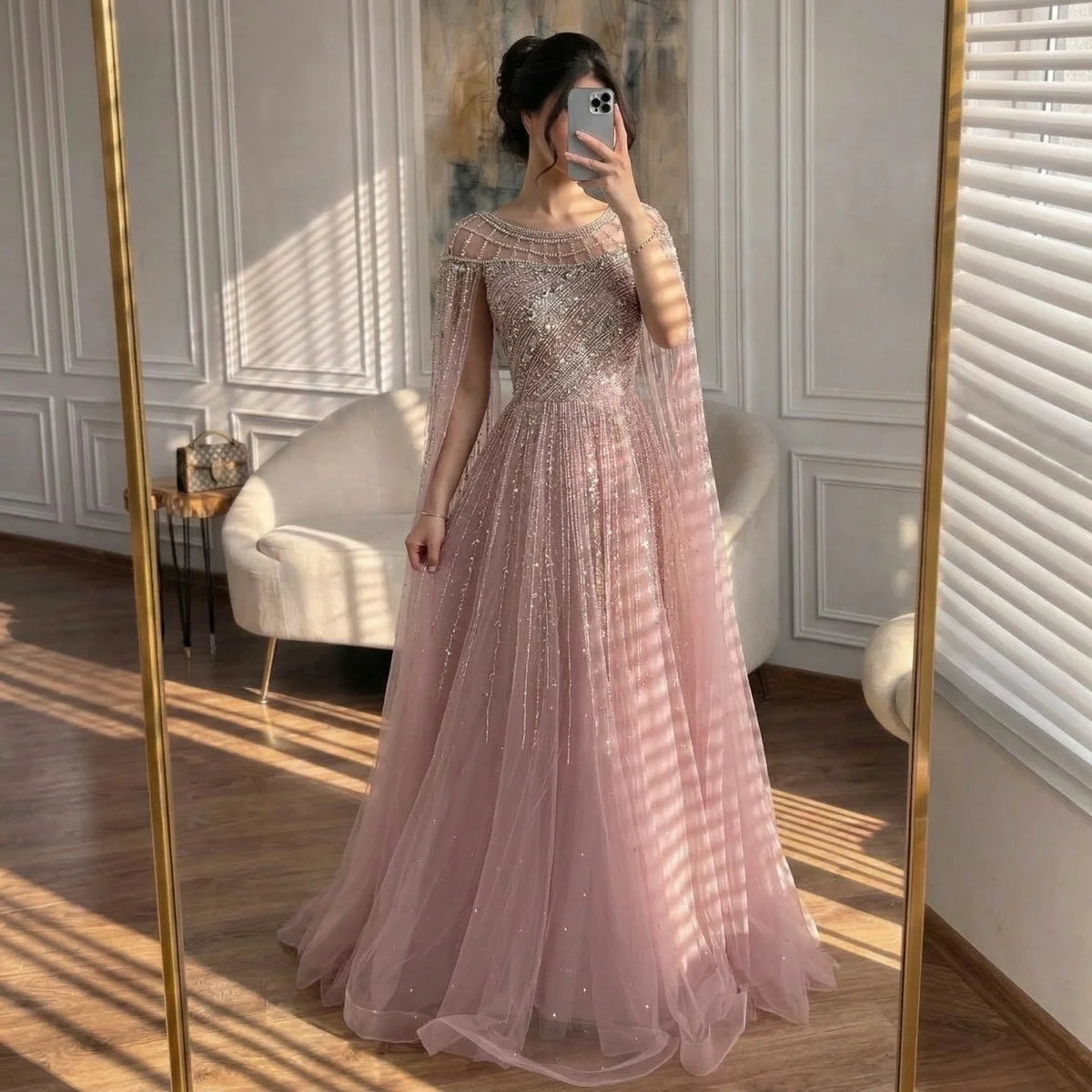 Custom Pink A Line Evening Dress With Beaded Cape Sleeves Formal Gown