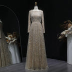 Contessa Custom formal gown elegant beaded tulle evening dress long sleeve boat neck floor length A line glam sparkly prom party