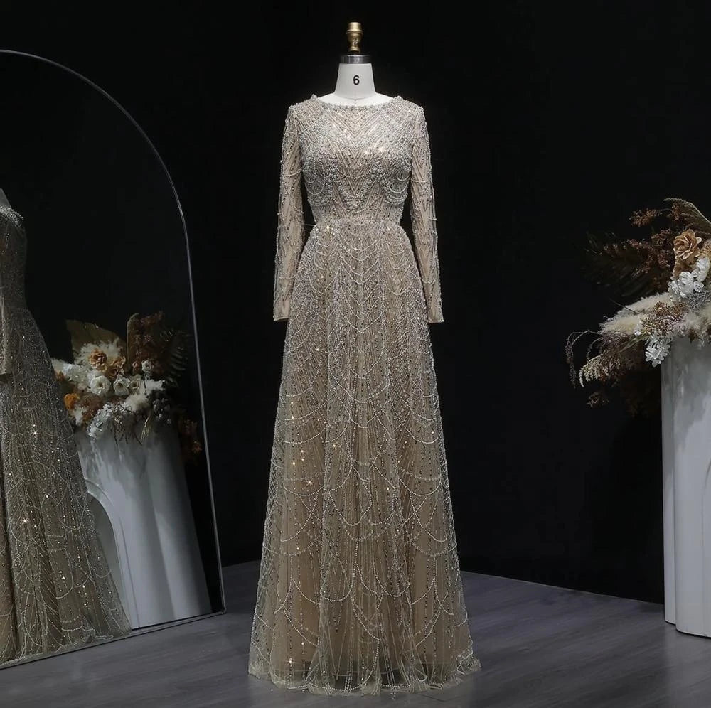 Contessa Custom formal gown elegant beaded tulle evening dress long sleeve boat neck floor length A line glam sparkly prom party