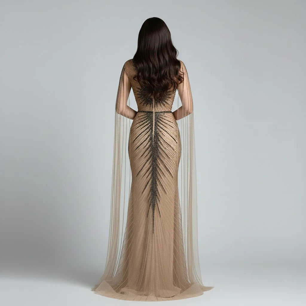 Serene Hill Caramel Beaded Mermaid Evening Gown With Cape Sleeves For Women