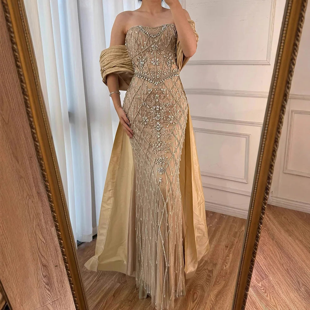 Nude Strapless Off Shoulder Mermaid Beaded Evening Dress Gown Custom Overskirt